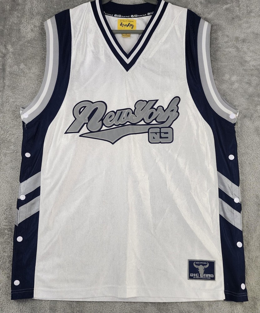 Big Land Jersey Shirt Mens XL White Navy Blue New York 69 Basketball Snap Sides