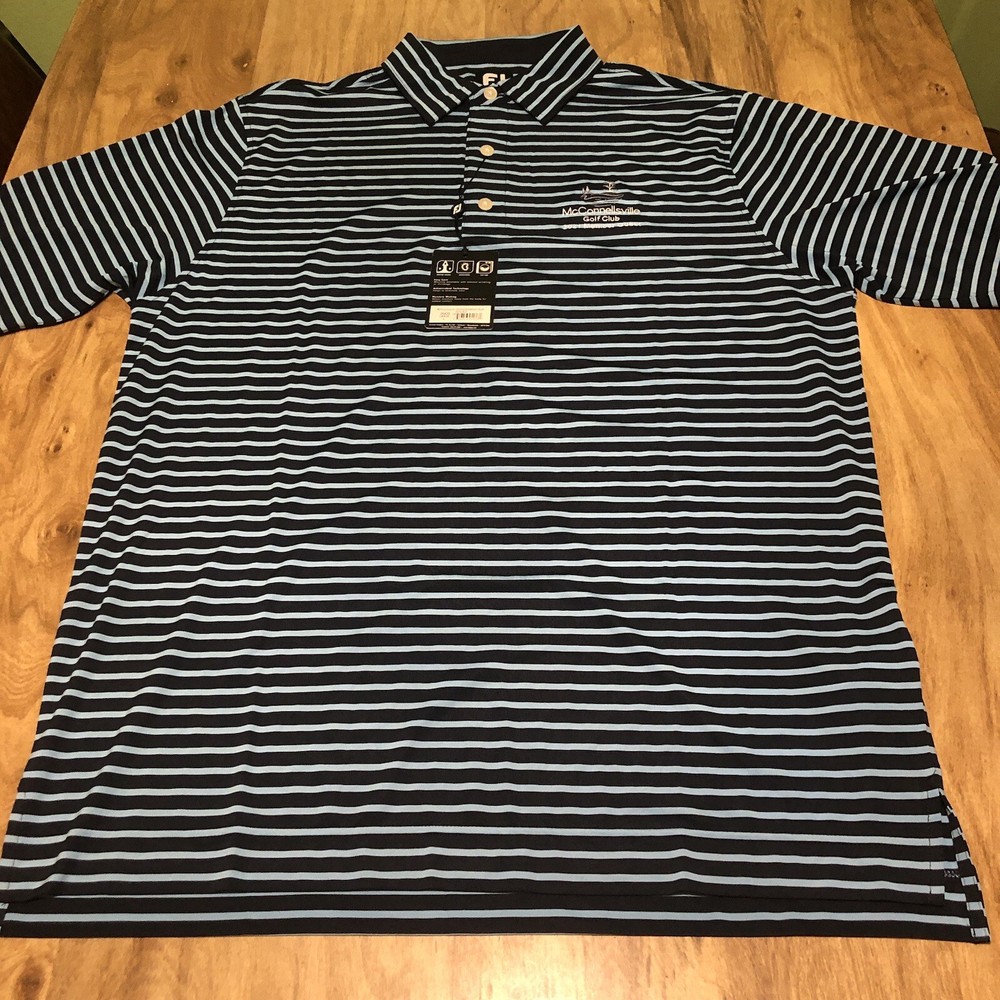 NWT Footjoy Navy Lt Blue Stripe Golf Polo Shirt Guest Embroidered Mens Large