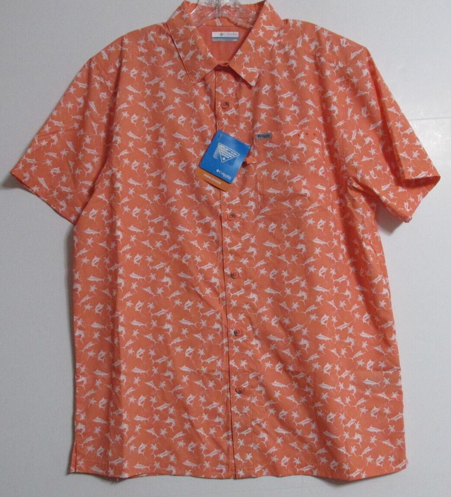 Men's Columbia Super Bluefin Winds Short Sleeve Camp Shirt Orange Size Medium
