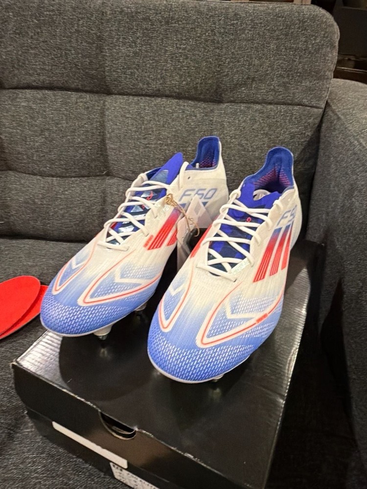 Adidas F50 Elite SG Soccer Cleats - White/Solar Red/Lucid Blue - size 9.5M