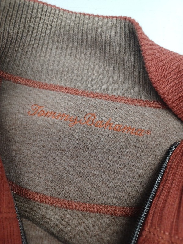 Tommy Bahama Men Orange Rust Brown Crochet Sweater Jacket Henley 1/4 Zip Sz XL gallery