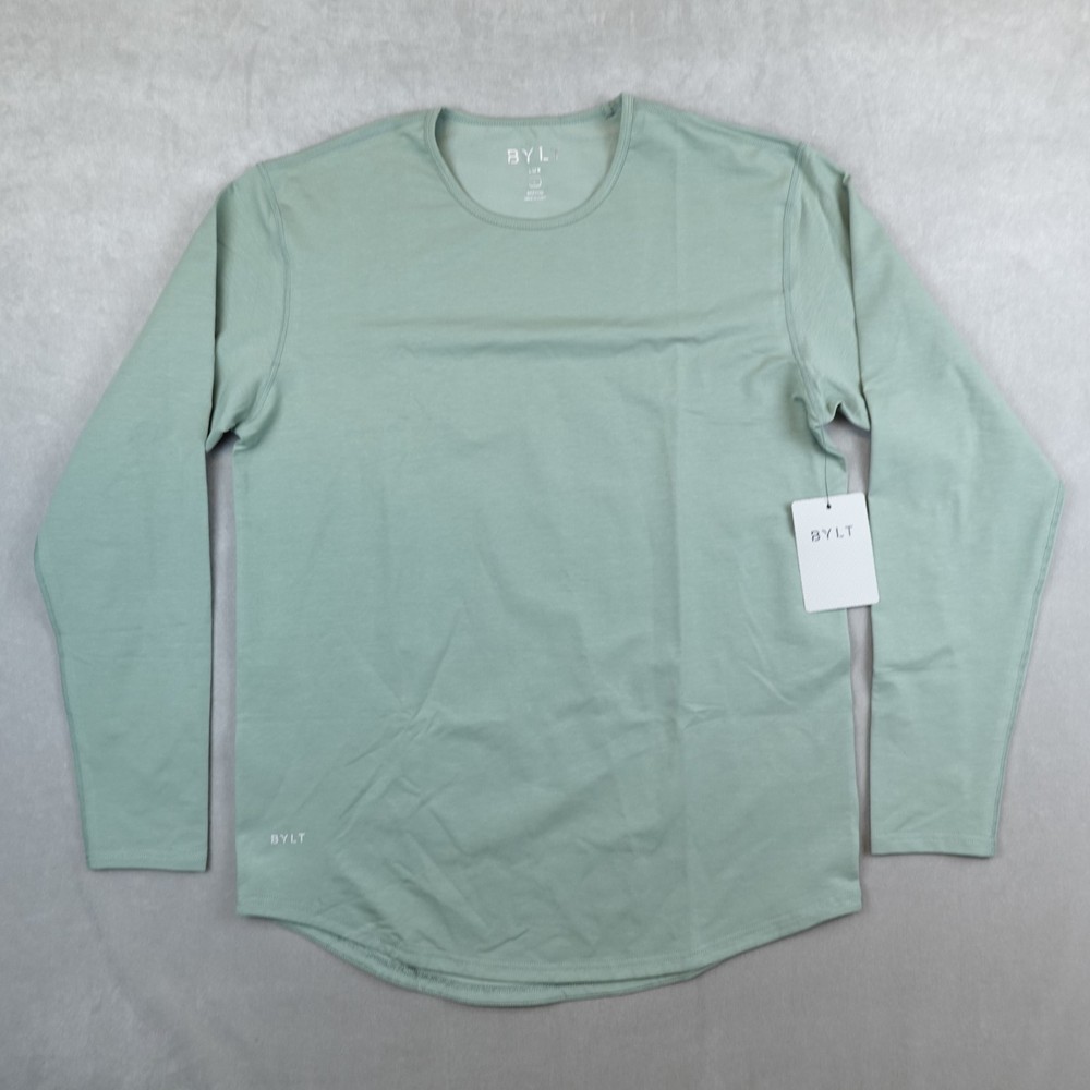 NWT BYLT Drop Cut Lux Long Sleeve Shirt Mens Size L Green Curved Hem