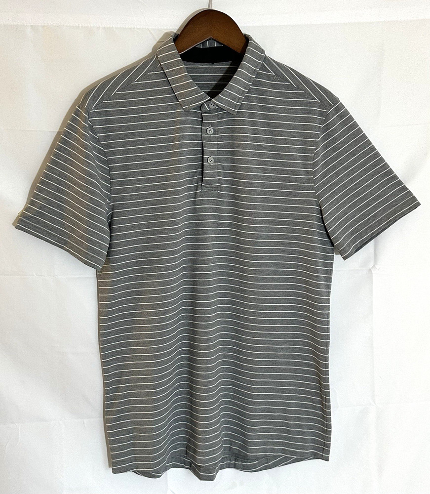 Lululemon Men's Small Gray & White Stripe Activewear Performance S/S Polo Shirt