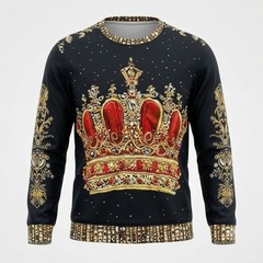 Mens Royal Crown Graphic Shirt XXL Long Sleeve Crew Neck Gold Red Jewels King
