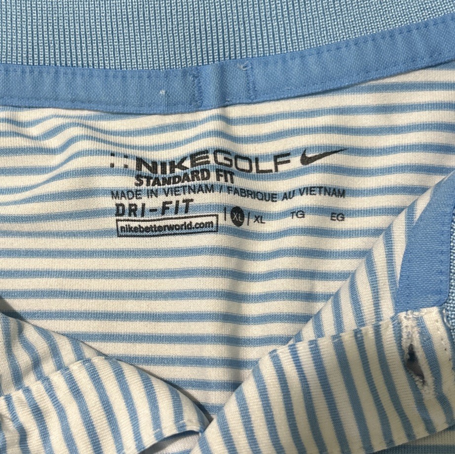 NIKE GOLF DRI FIT TOUR PERFORMANCE POLO SHIRT Sz Mens XL Blue w White Stripe gallery