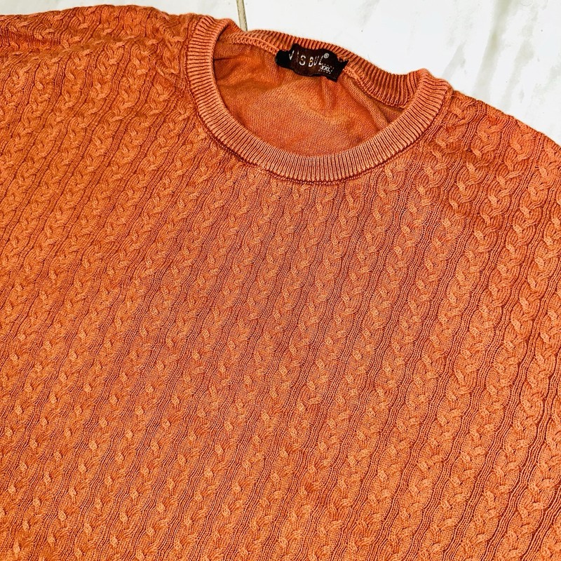 Vesbul Turkish Brand Men's XXL Orange Cable Knit Short Sleeve Sweater Rare gallery