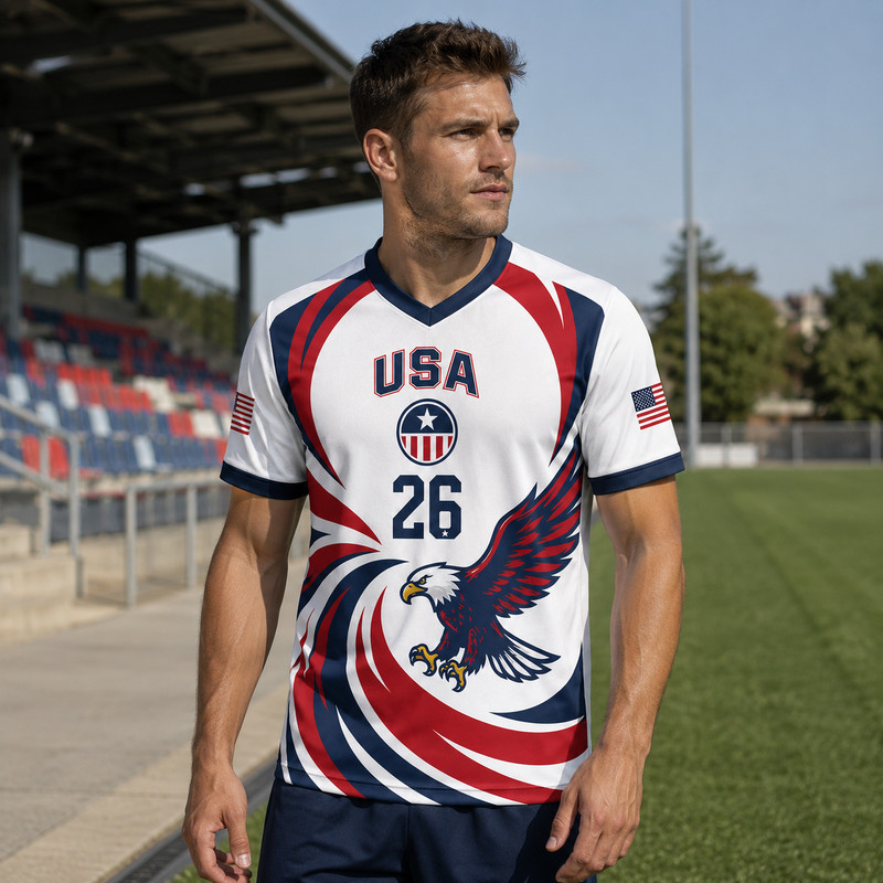 Custom Patriotic Eagle Soccer Jersey V Neck Red White Blue Football Shirt Unisex gallery