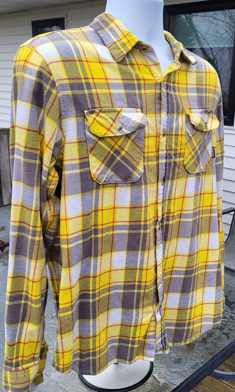 Burton Flannel, Men's Medium. Light, Yellow w/ Grey& Red Plaid. Long Sleeve. gallery