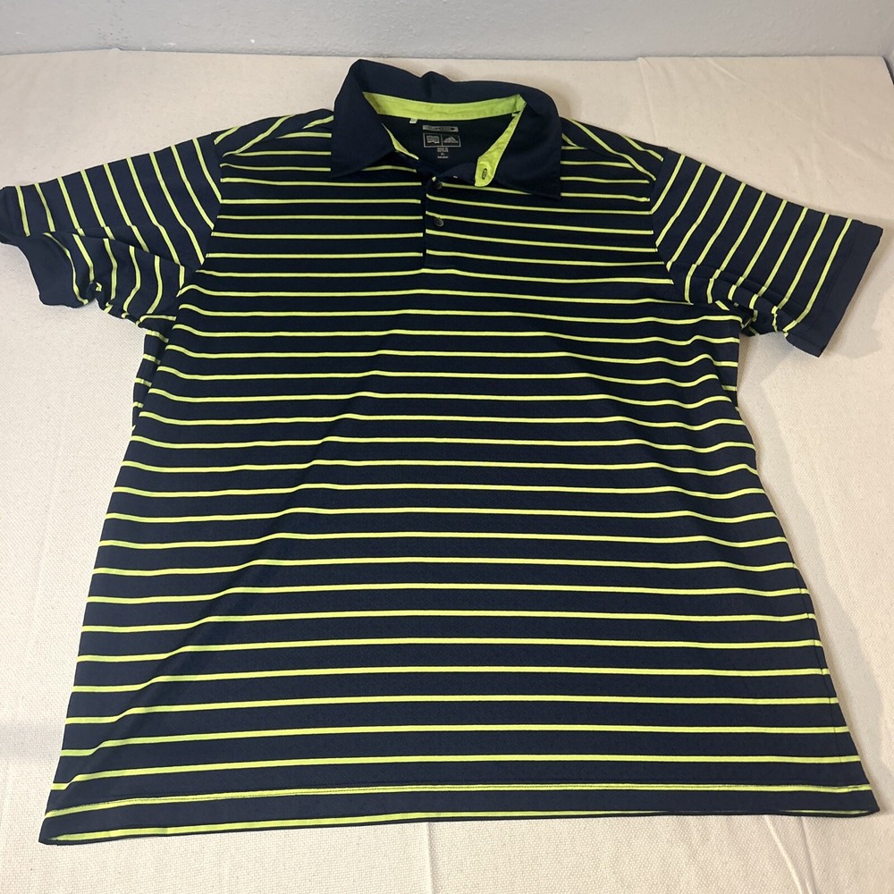 Adidas ClimaCool navy blue and neon green Striped 3 Button Polo Shirt Men's XL