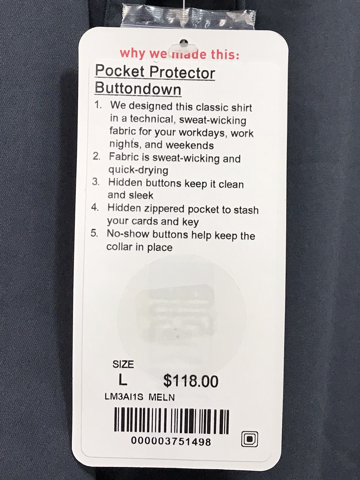 Lululemon Pocket Protector Buttondown LS Size Large Melanite MELN 51498. gallery