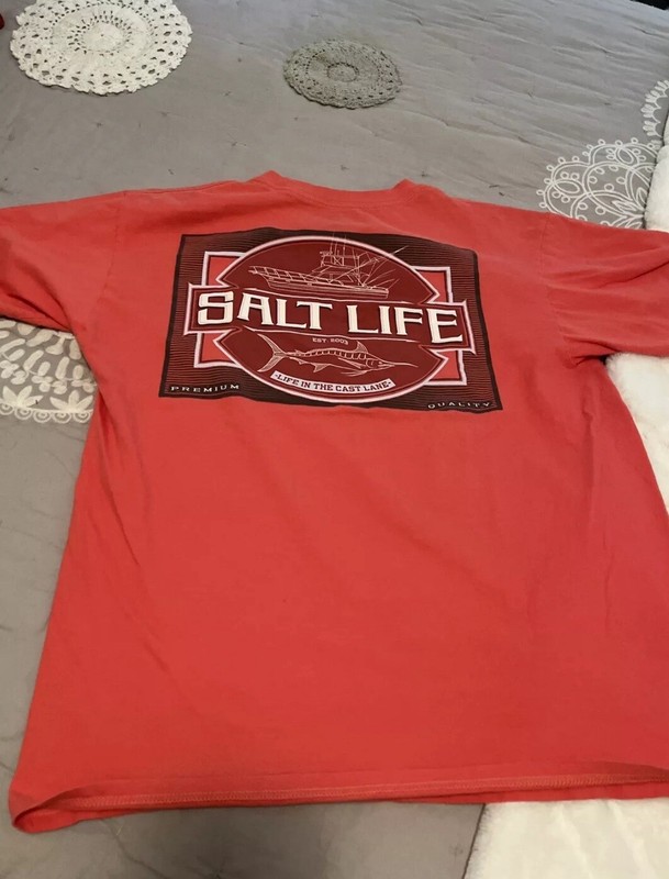 EUC Salt Life Mens Tee Shirt Orange Sz Medium Swordfish Boat Short Sleeves gallery