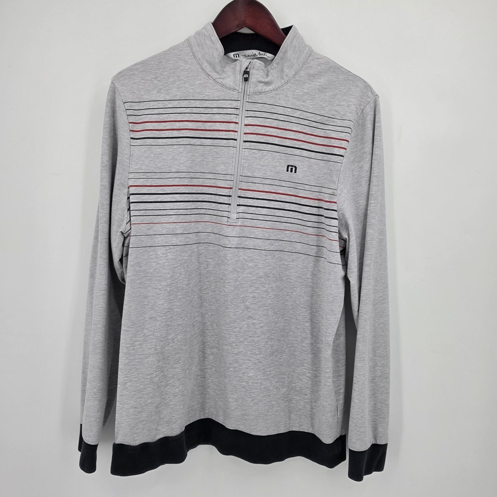 Travis Mathew 1/4 Zip Golf Pullover Men's Size Large Gray Red Black Stripe 73153 gallery