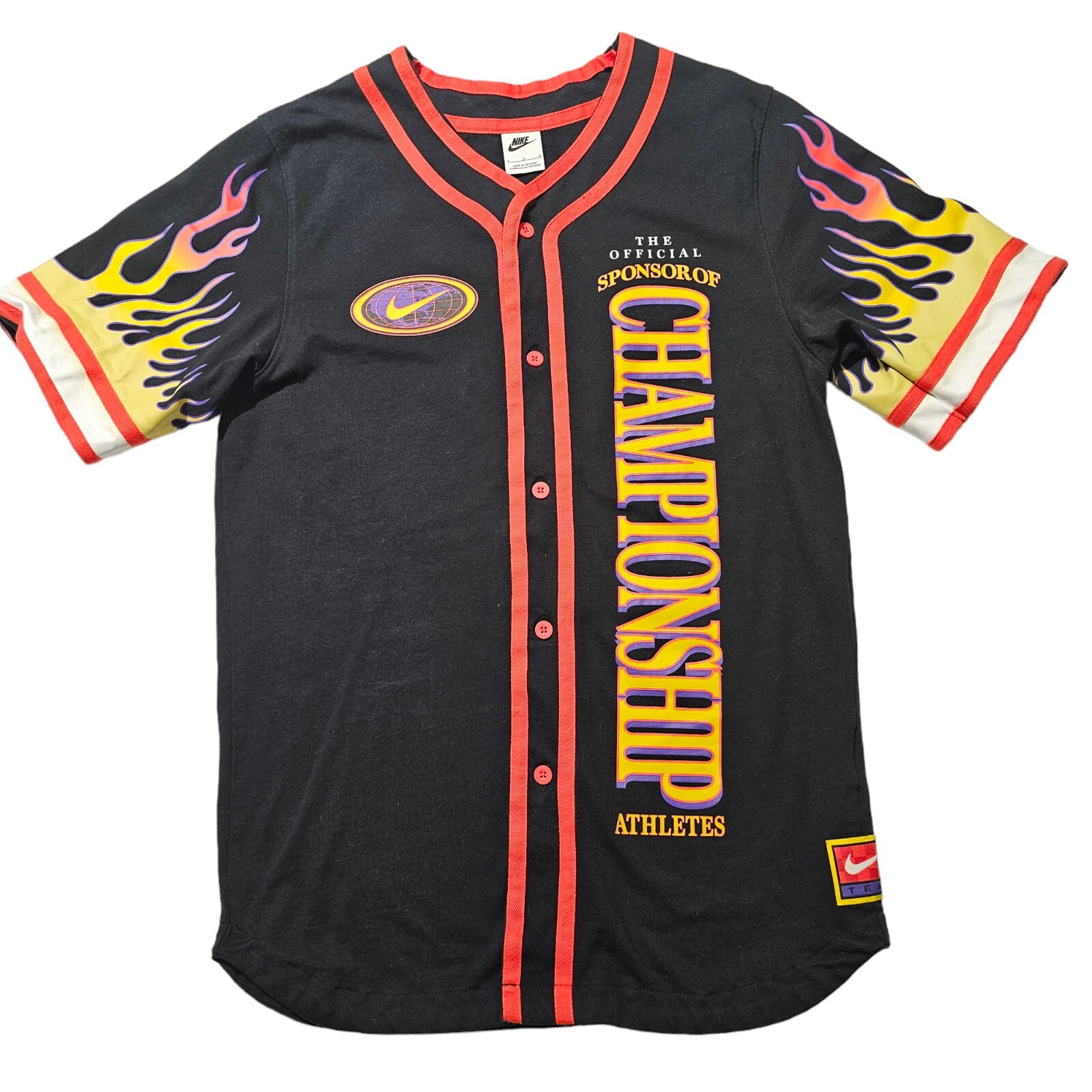 Nike Baseball Button Shirt Flames Championship Men's Large DV9642-010 Black red gallery