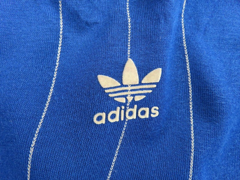 Adidas Polo Shirt Mens Large Blue Striped Acrylic Soccer Jersey Trefoil Patch gallery