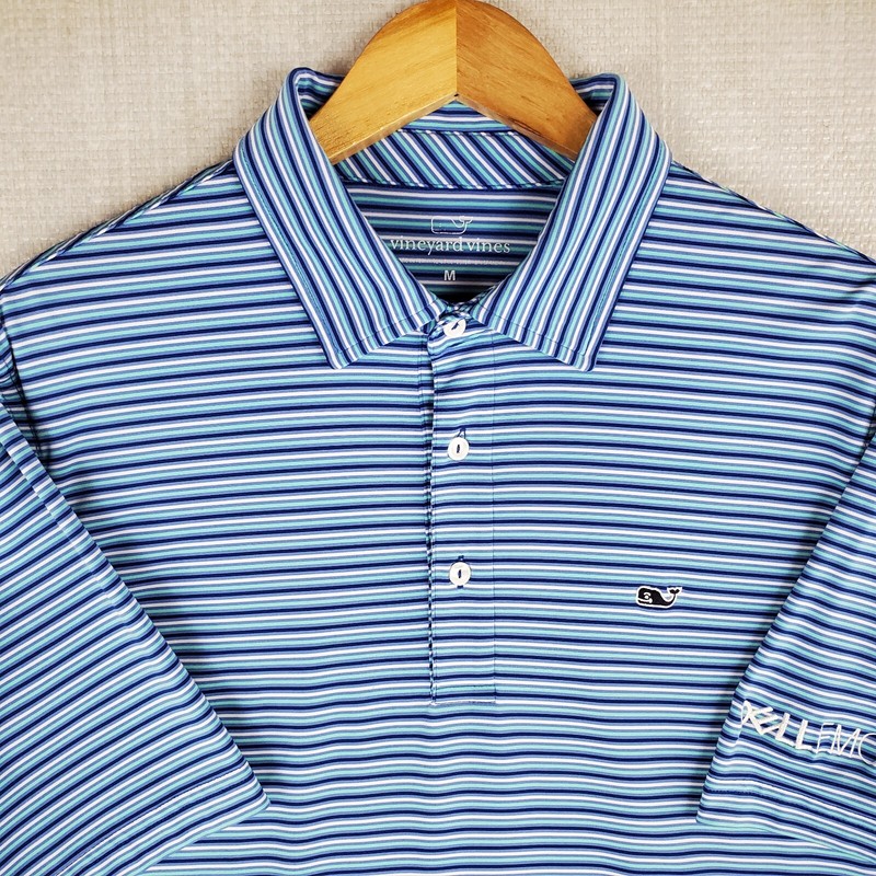 VINEYARD VINES Size Medium Performance Mens Polo Shirt Blue/Green/White Stripes gallery