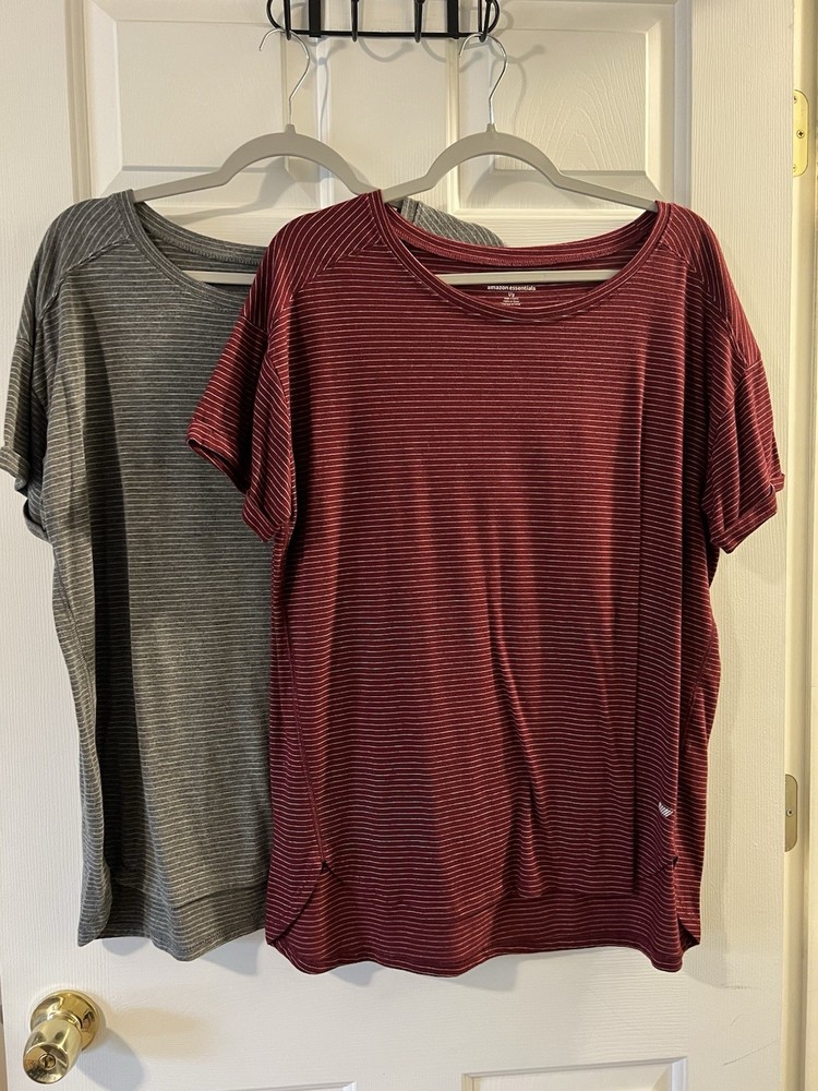 Amazon Essentials Striped Athletic Shirts, Size Large, Set Of 2 Gray and Maroon