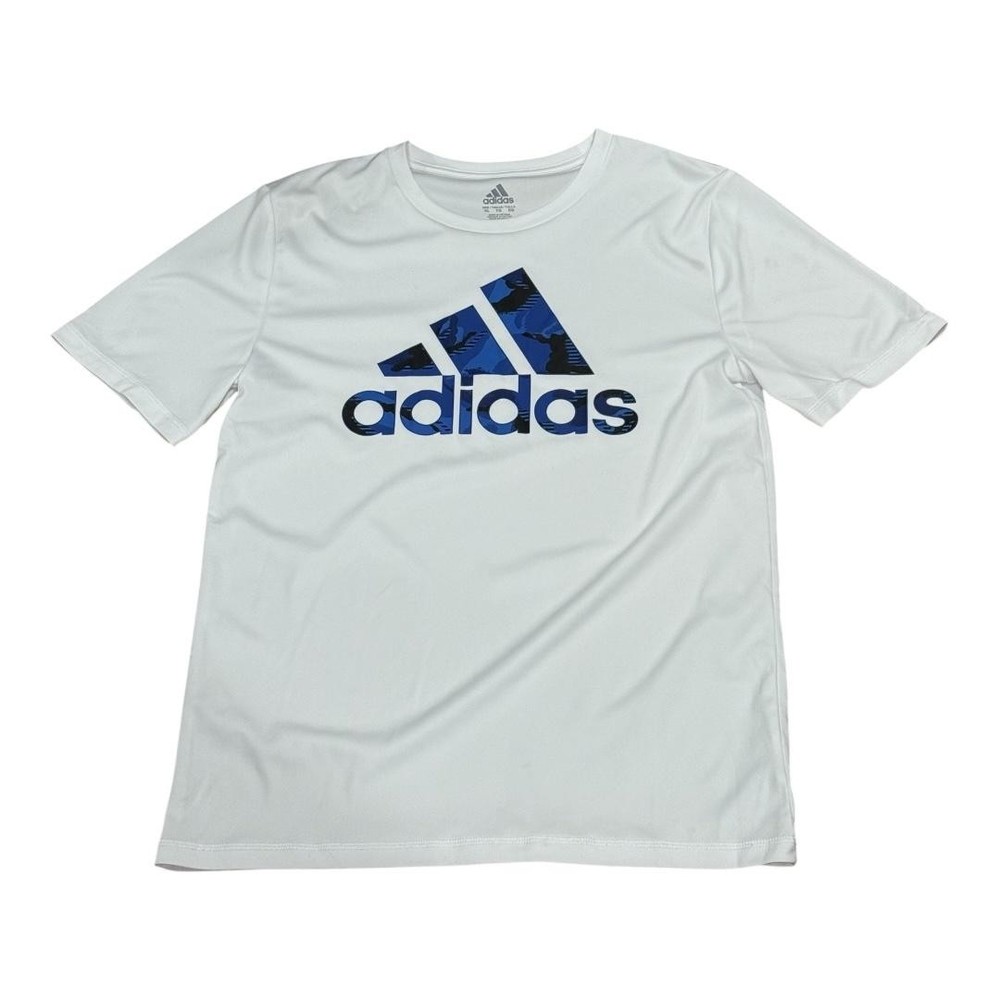 Adidas Shirt Mens XL White Blue Badge of Sport Camo Graphic Logo Athletic Tee