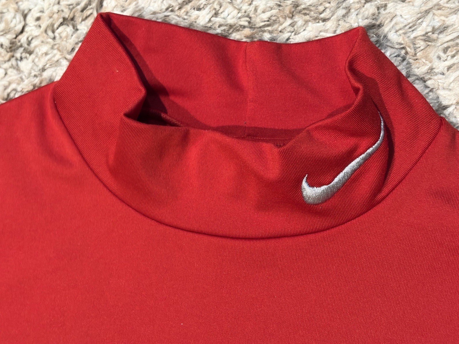 Nike Pro Compression Shirt Mens M Red Mock Neck Swoosh Lined Long Sleeve Gym gallery