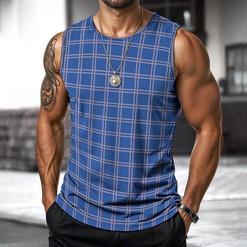 Retro Men's Vest Top 3D Print Plaid Striped Graphic Sleeveless Shirt Crew Neck L gallery
