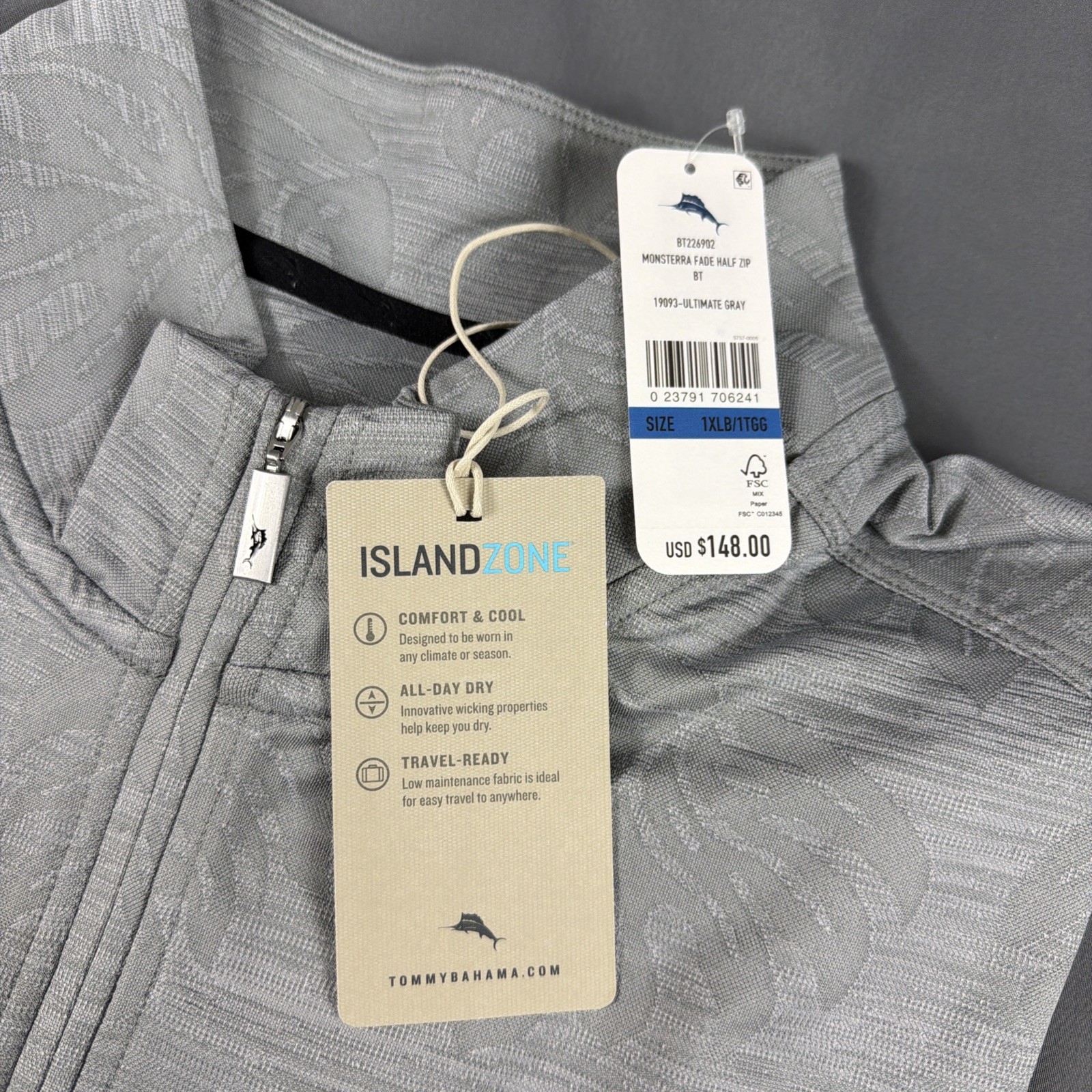 Tommy Bahama Golf Pullover Monstera Fade Print 1/4 Zip XLB Gray NWT MSRP $148 gallery