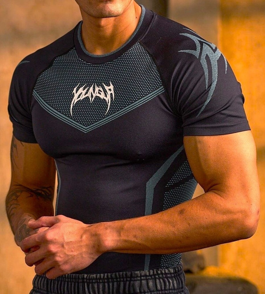 YOUNGLA YLA 'Warrior X 4065' Men's Compression SS Muscle T-Shirt M Blk/Blu *NIB*