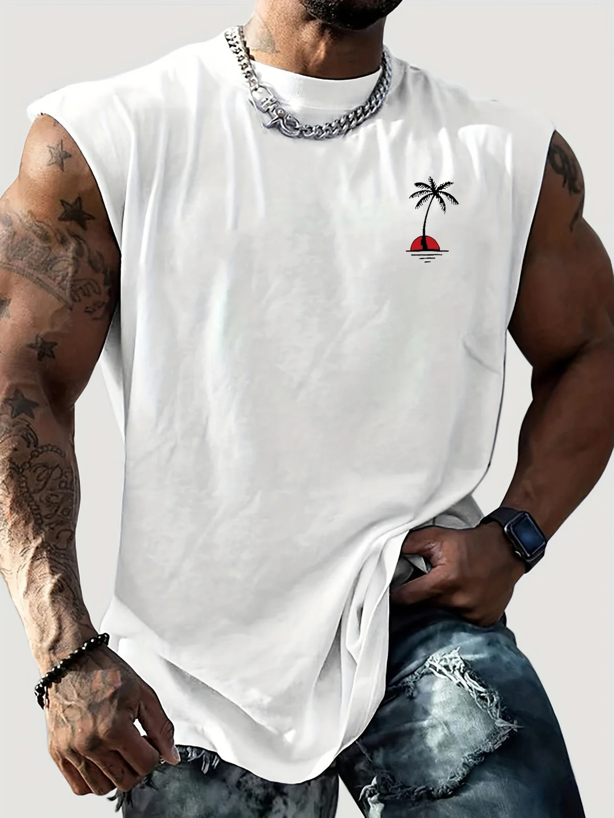 Men's Summer Leisure Sports Fitness Loose Coconut Tree Pattern Printed Comfortab gallery