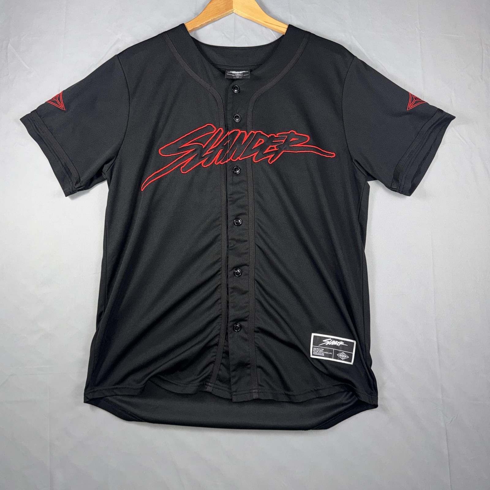 Slander Baseball Jersey Mens Medium Black Superhuman Button Front Graphic Shirt gallery