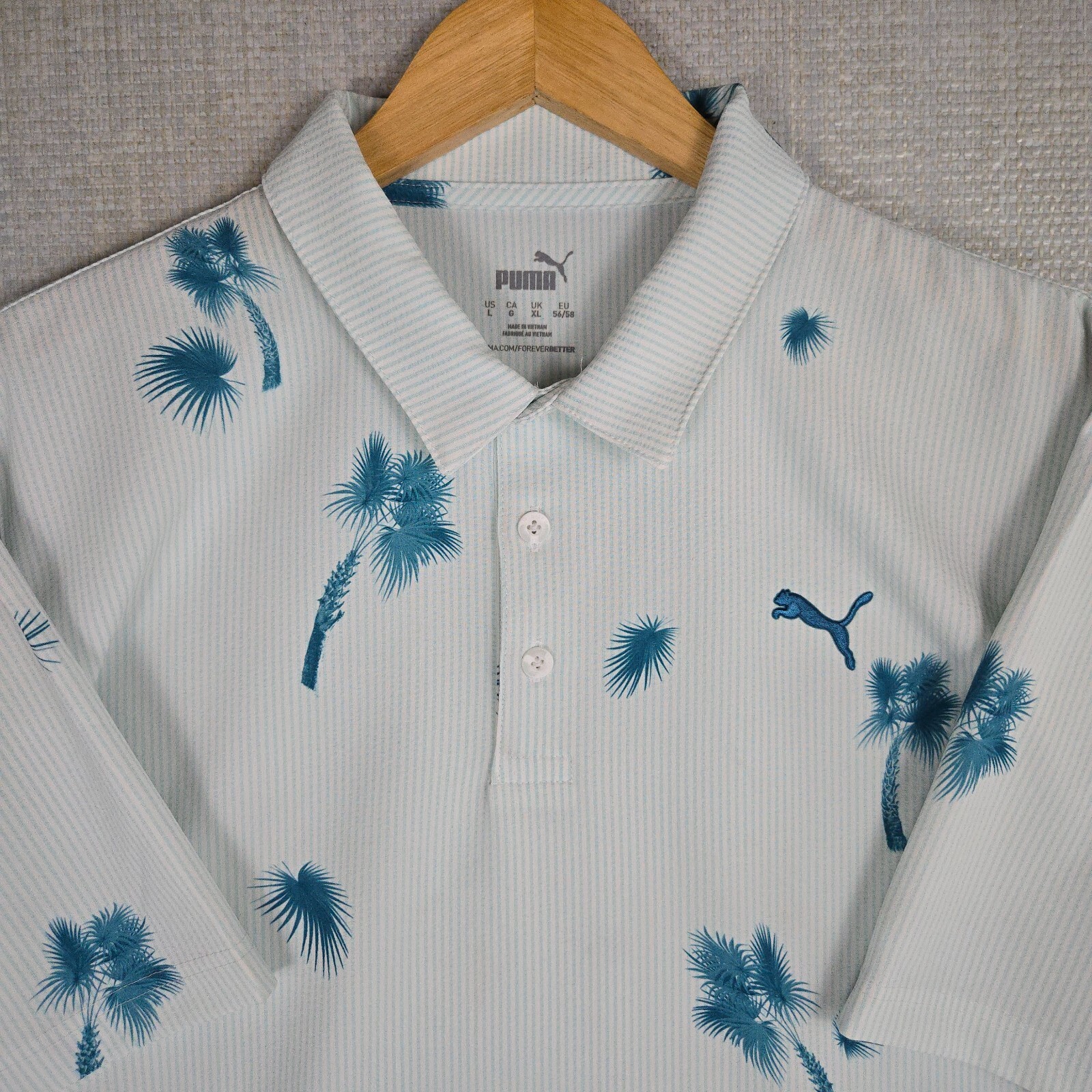 PUMA Performance Seersucker Hawaiian Polo Shirt Size Large Mens Palm Trees Golf gallery