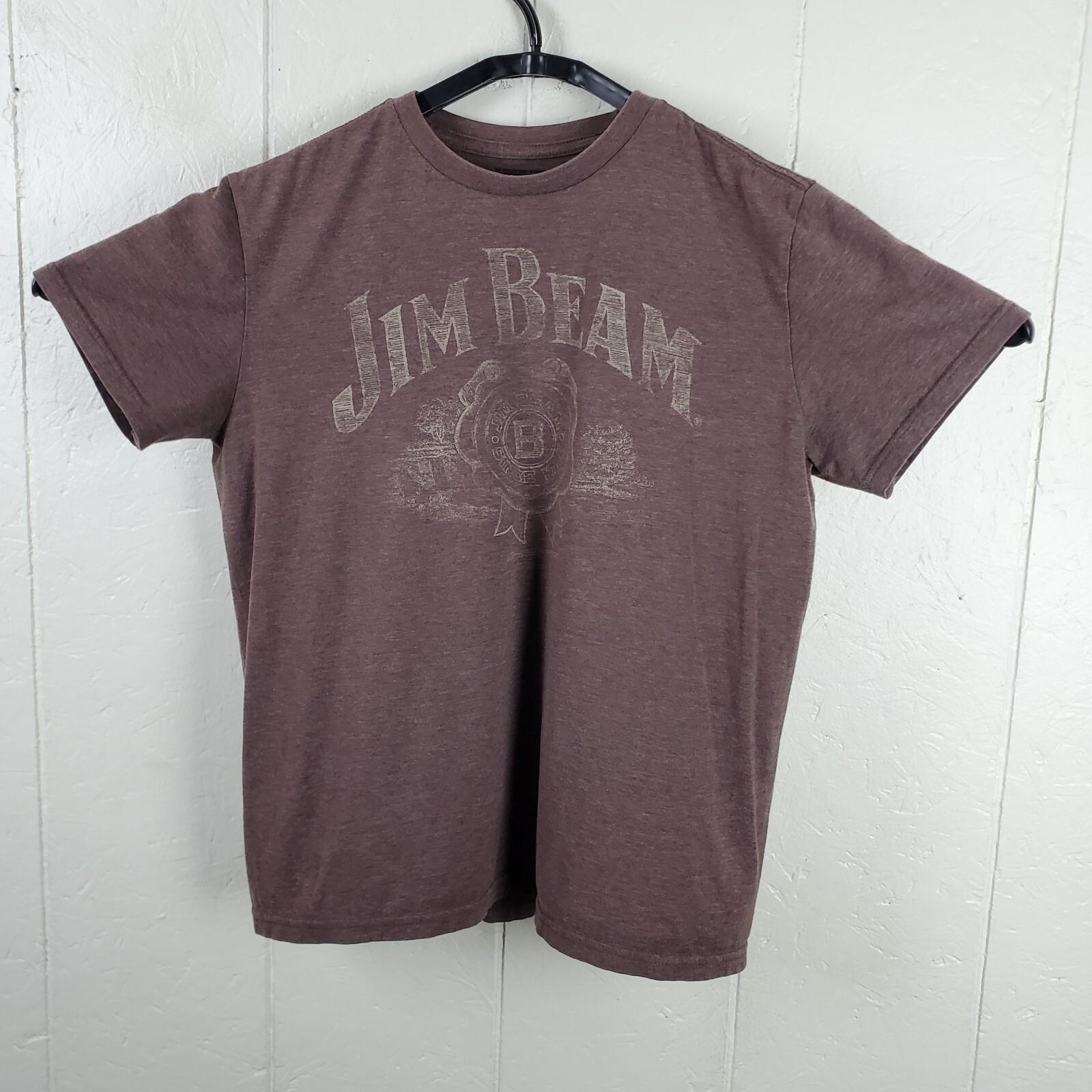 Jim Beam Shirt Men Medium Brown Crew Neck Shorts Sleeve Graphic Stretch Pullover gallery