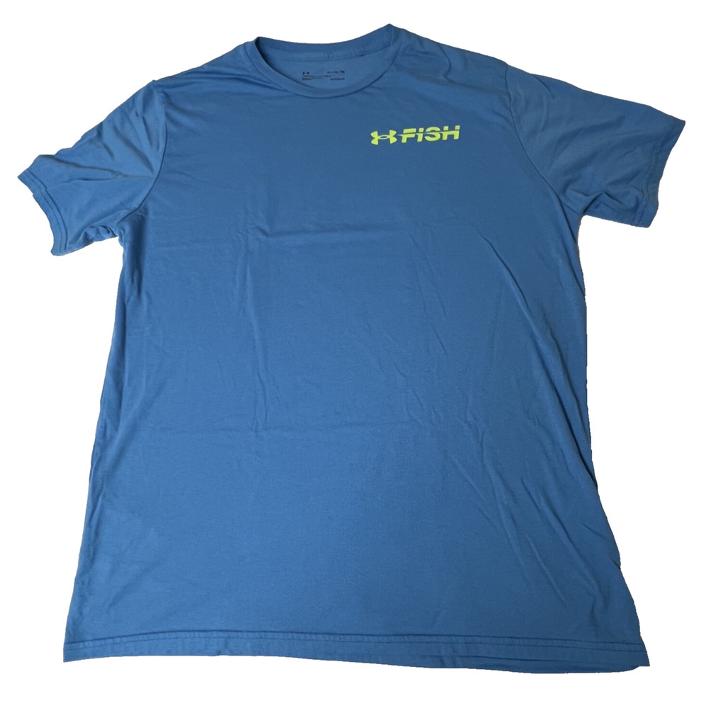 Under Armour Men's T-Shirt Short Sleeve Fish Blue Logo Graphic Size XL