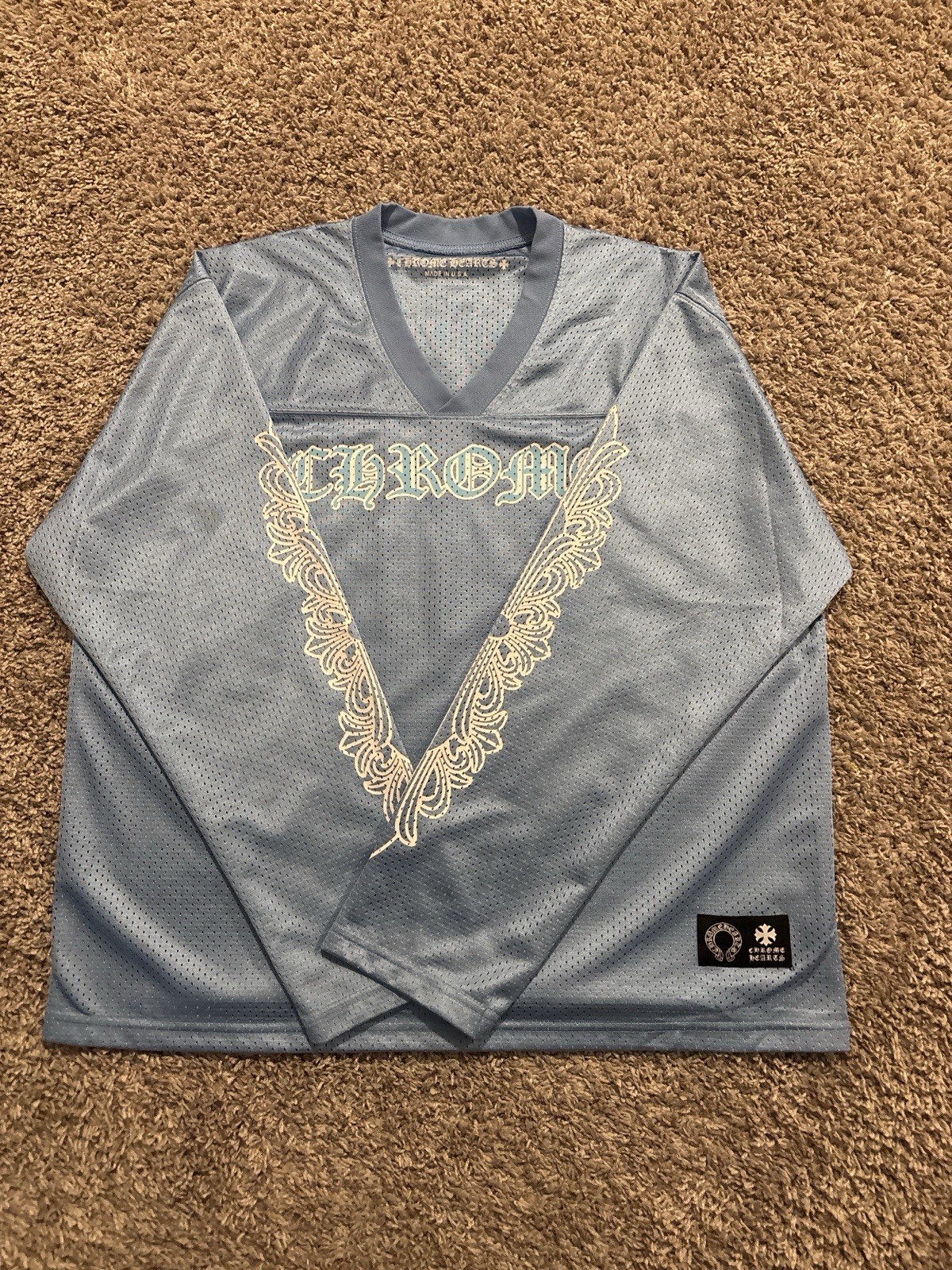 Chrome Hearts Blue Mesh Jersey V-Neck Long Sleeve Men's Size Small Graphic Print gallery