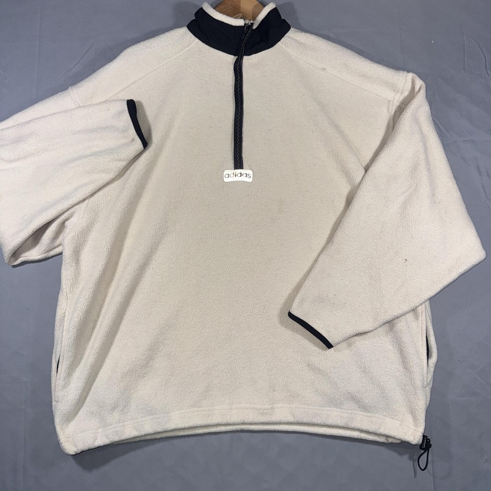 Vintage 90s Adidas Half-Zip Fleece Pullover Cream Black Size Large