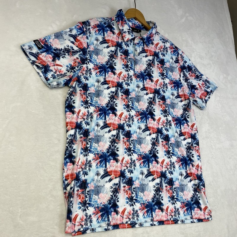 SUNDAY SWAGGER Blue Pink Palmera Palm Tree Polo Golf Shirt Large UPF 40 gallery