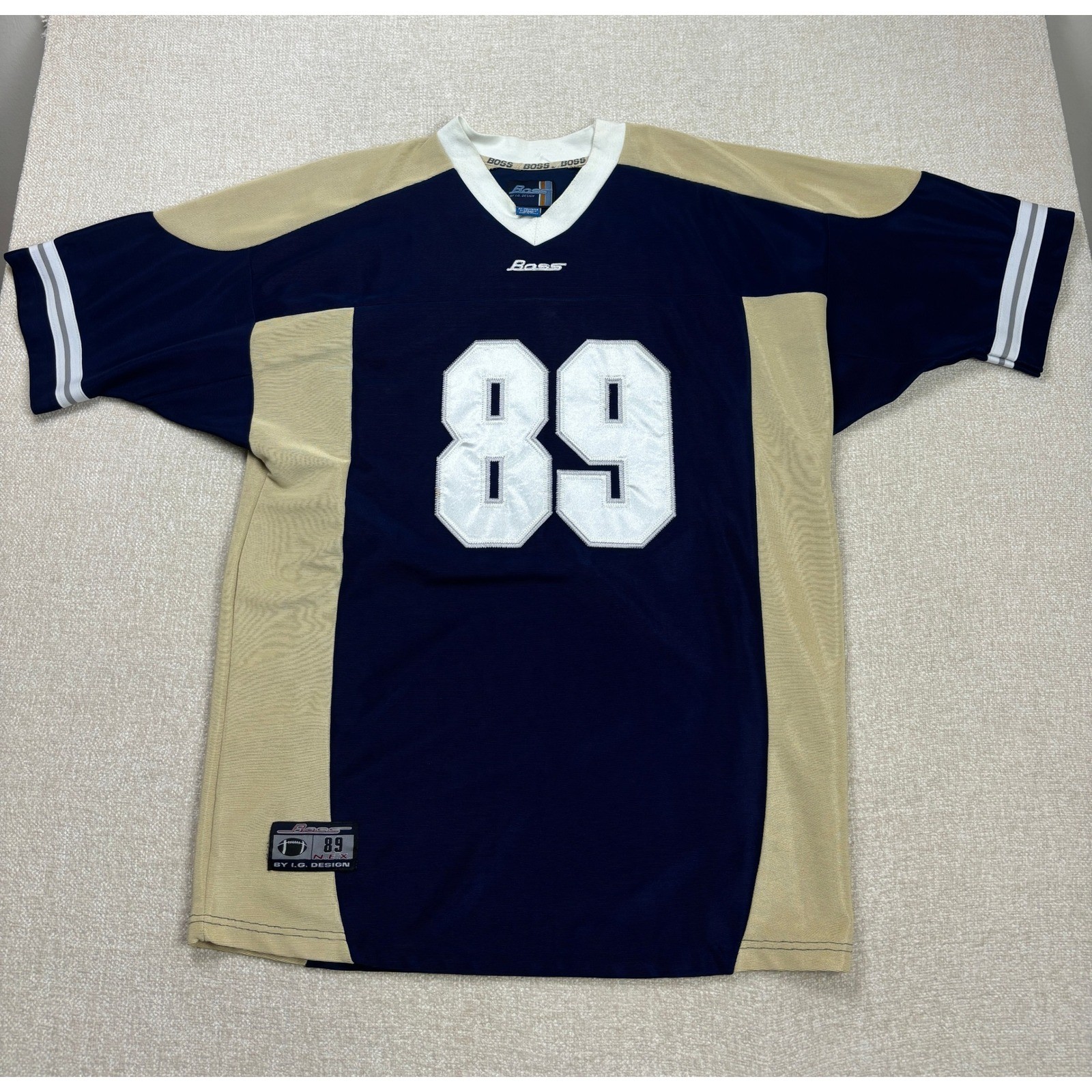 Boss by IG Design Mens Navy Blue Tan Football Jersey 89 XXL Vintage Style V-Neck gallery