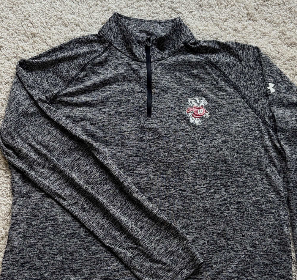 Under Armour Wisconsin Badgers Pullover Mens XL Gray Loose HeatGear 1/4 Zip