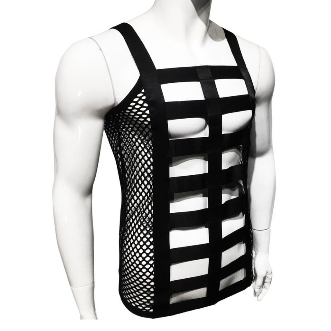 NEW Men X-Small Strappy Black Mesh Tank Top Large Guage Mesh Clubwear Rave Shirt gallery