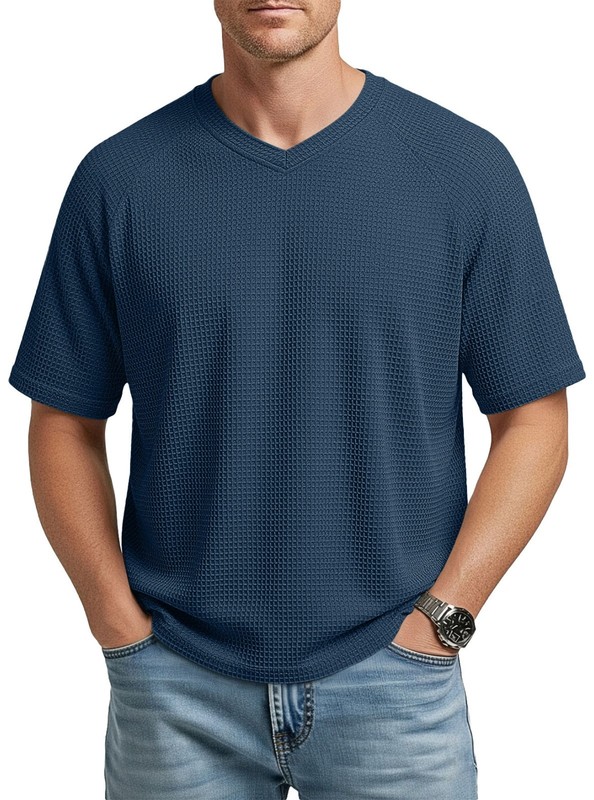 Men's Waffle Knitted Versatile Shoulder Sleeve V-neck Short Sleeve Men's T-shirt gallery