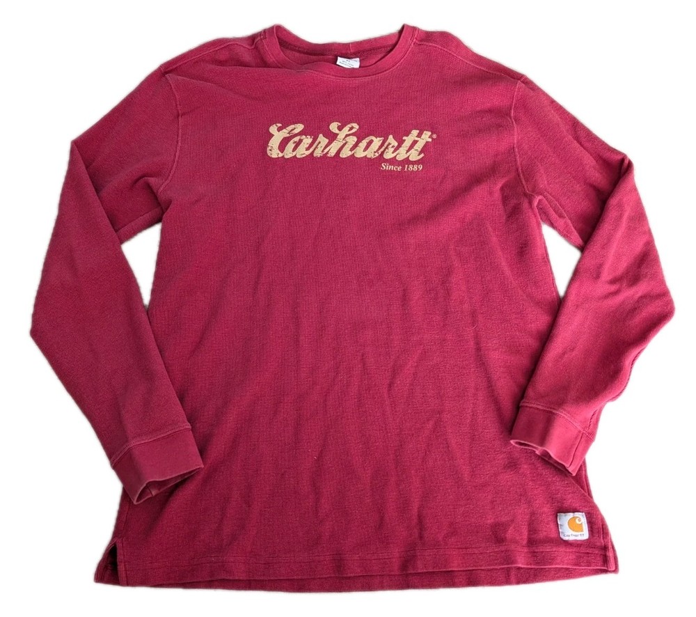 Carhartt Long Sleeve Thermal Shirt Mens XL Waffle Knit Logo Script Burgundy