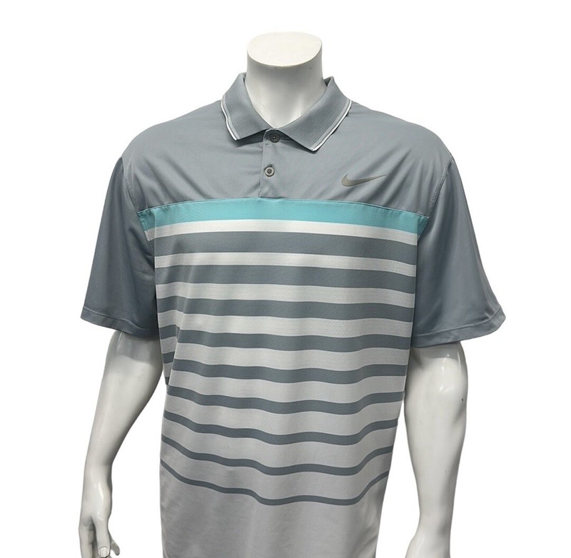 Nike Golf Tour Performance Dri Fit Gray White Green Stripe Men's Polo Shirt XXL gallery