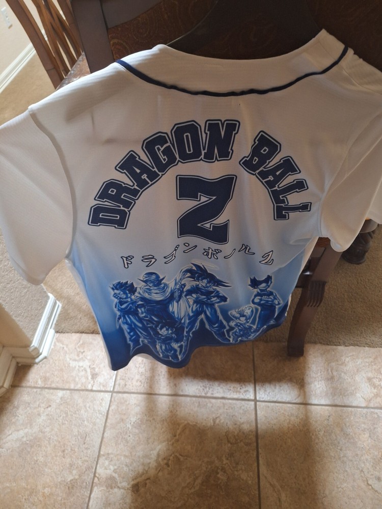 Dragon Ball Z Baseball Jersey White and Blue Mens Button Up Size Small