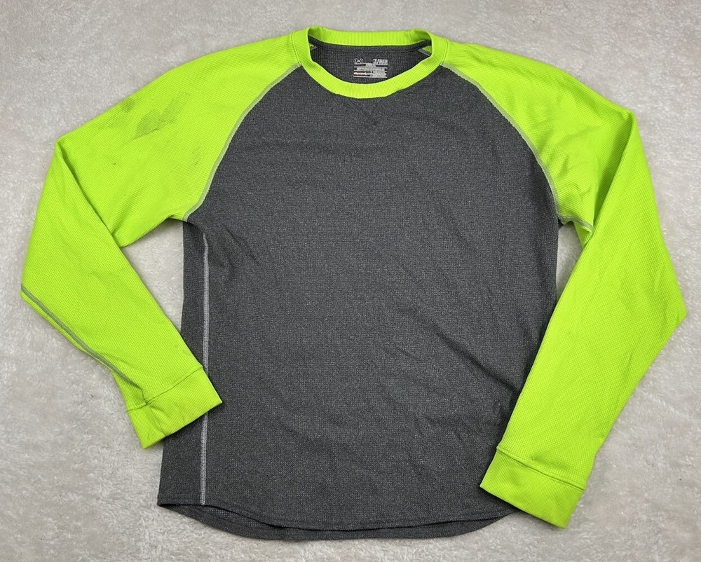 Under Armour UA Waffle Knit Shirt Mens XL Gray Green Long Sleeve Thermal Raglan