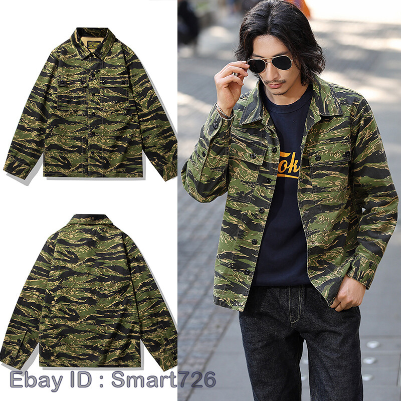 Men 100% Cotton Stripe Button Down Shirts Men Military Uniform Work Shirt Jacket