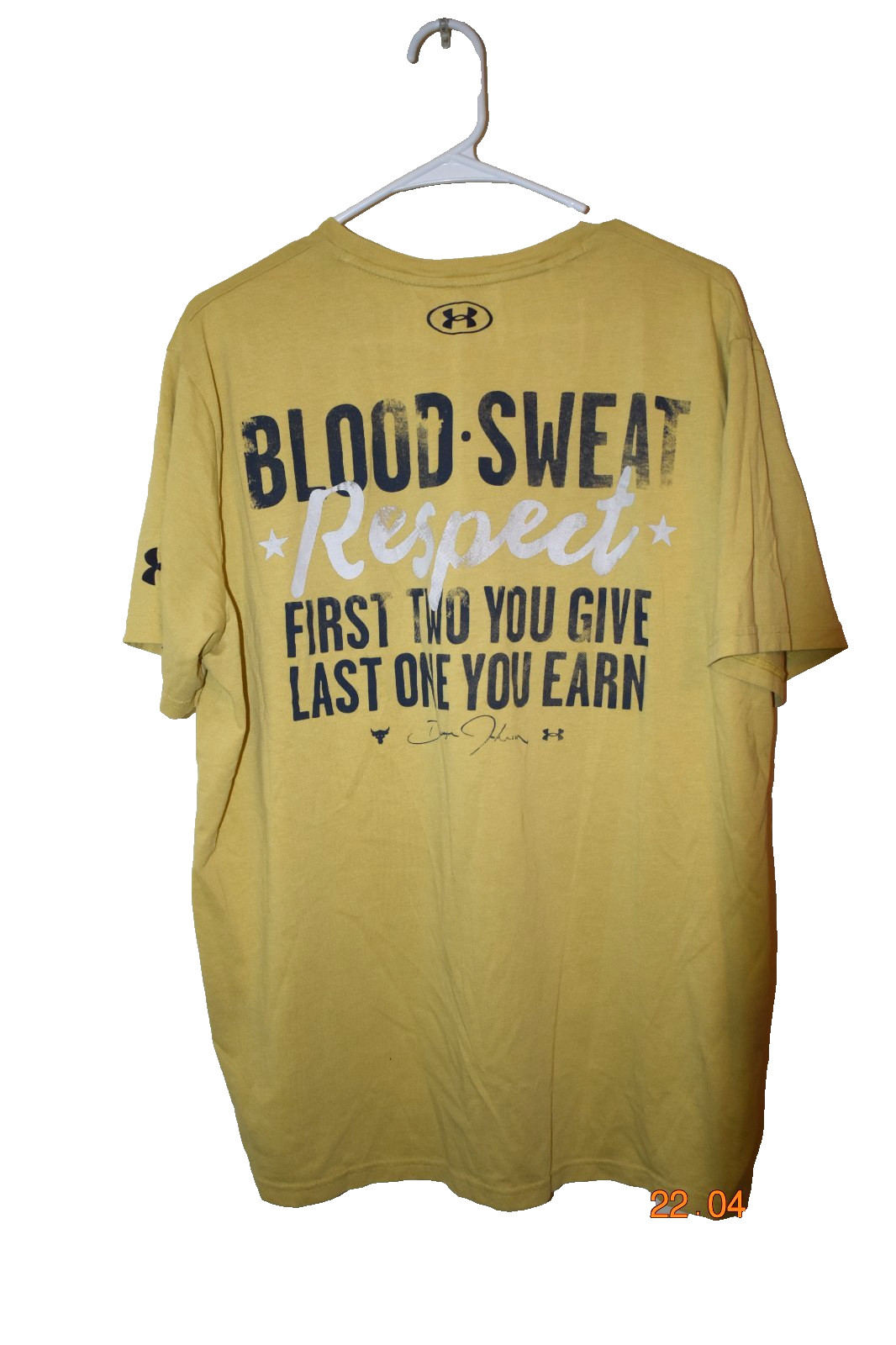 Under Armour UA Project Rock T Shirt Men's XL 'Blood Sweat Respect' Gold gallery