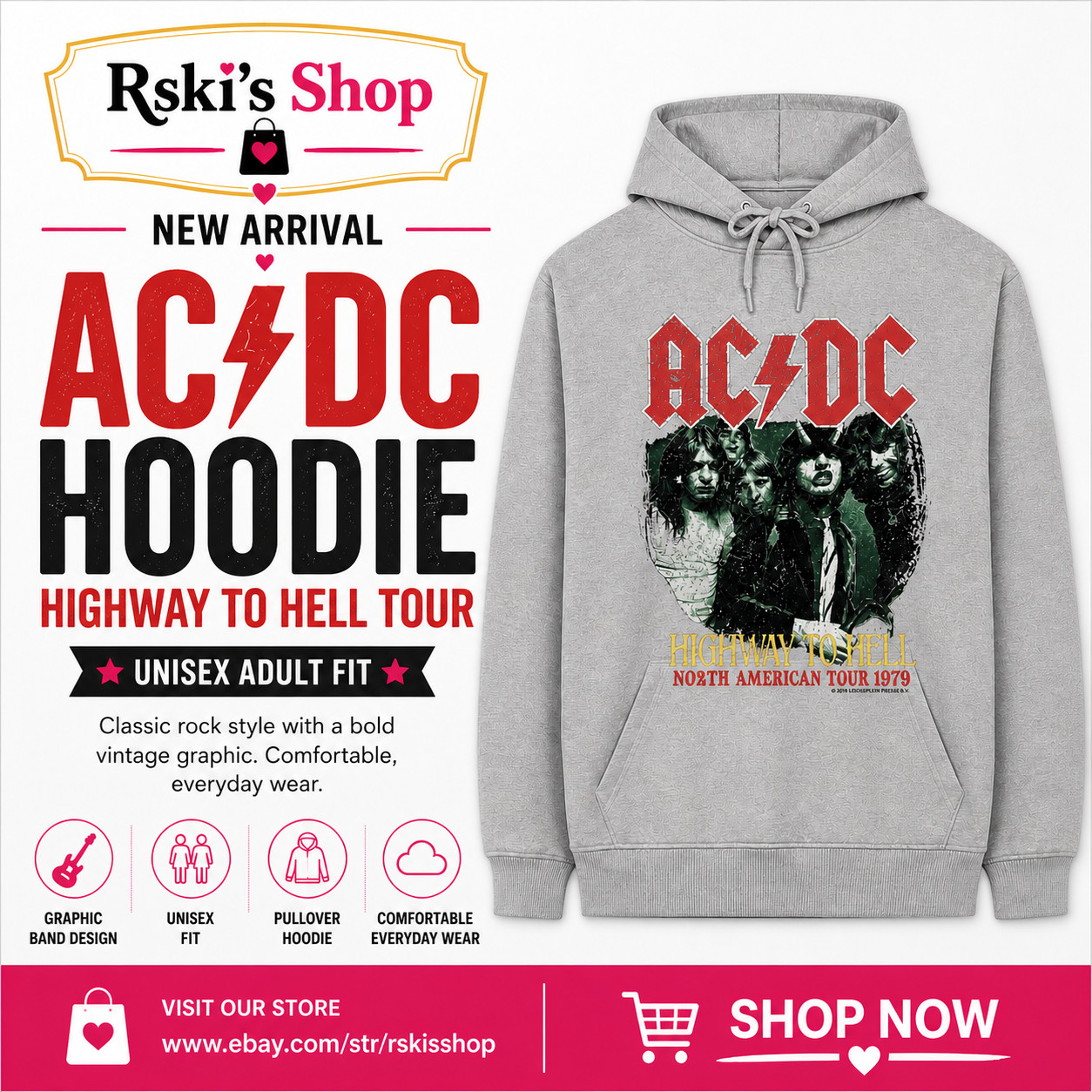 New Adult Unisex AC/DC Highway to Hell Hoodie Gray Sweatshirt Size Medium gallery