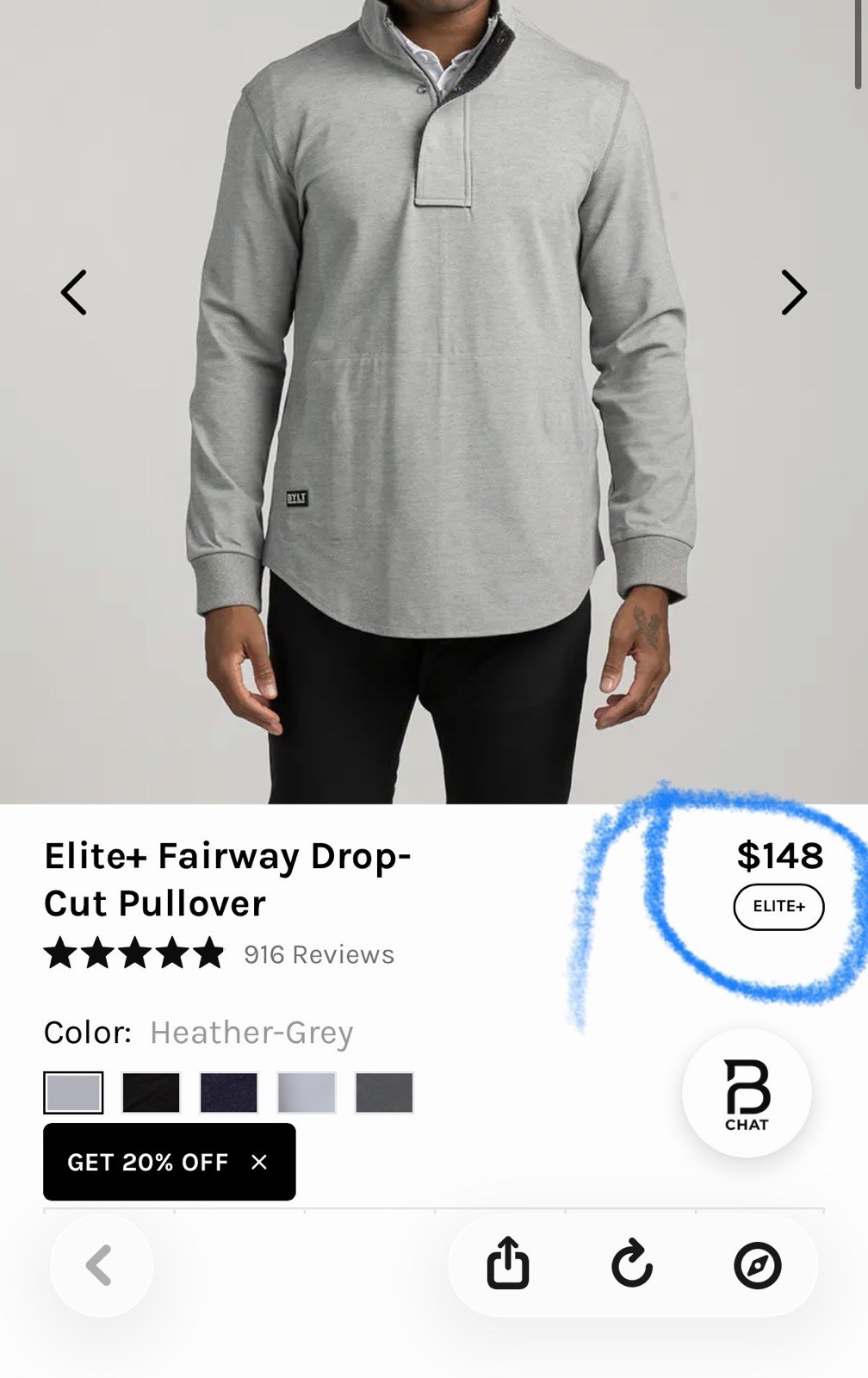 BYLT Elite+ Fairway Drop-Cut Pullover Heather Grey XL Collared Golf Long Sleeve gallery