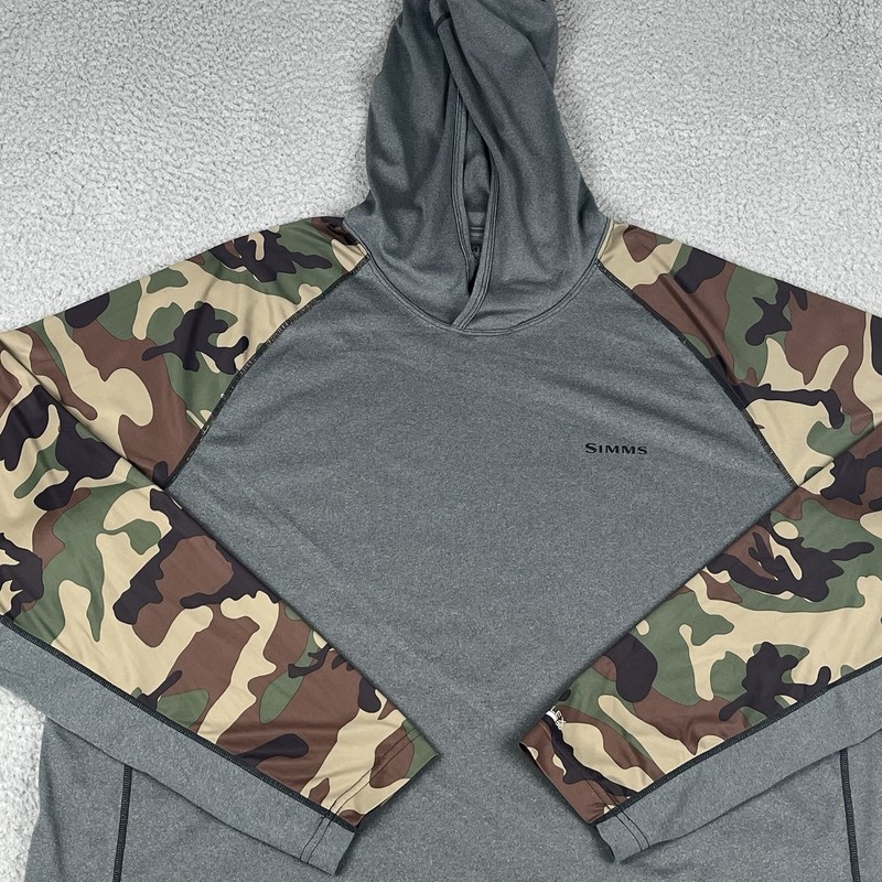 Simms Hoodie Mens XXL Gray Camo SolarFlex UPF 50 Fishing Performance Sun Shirt gallery