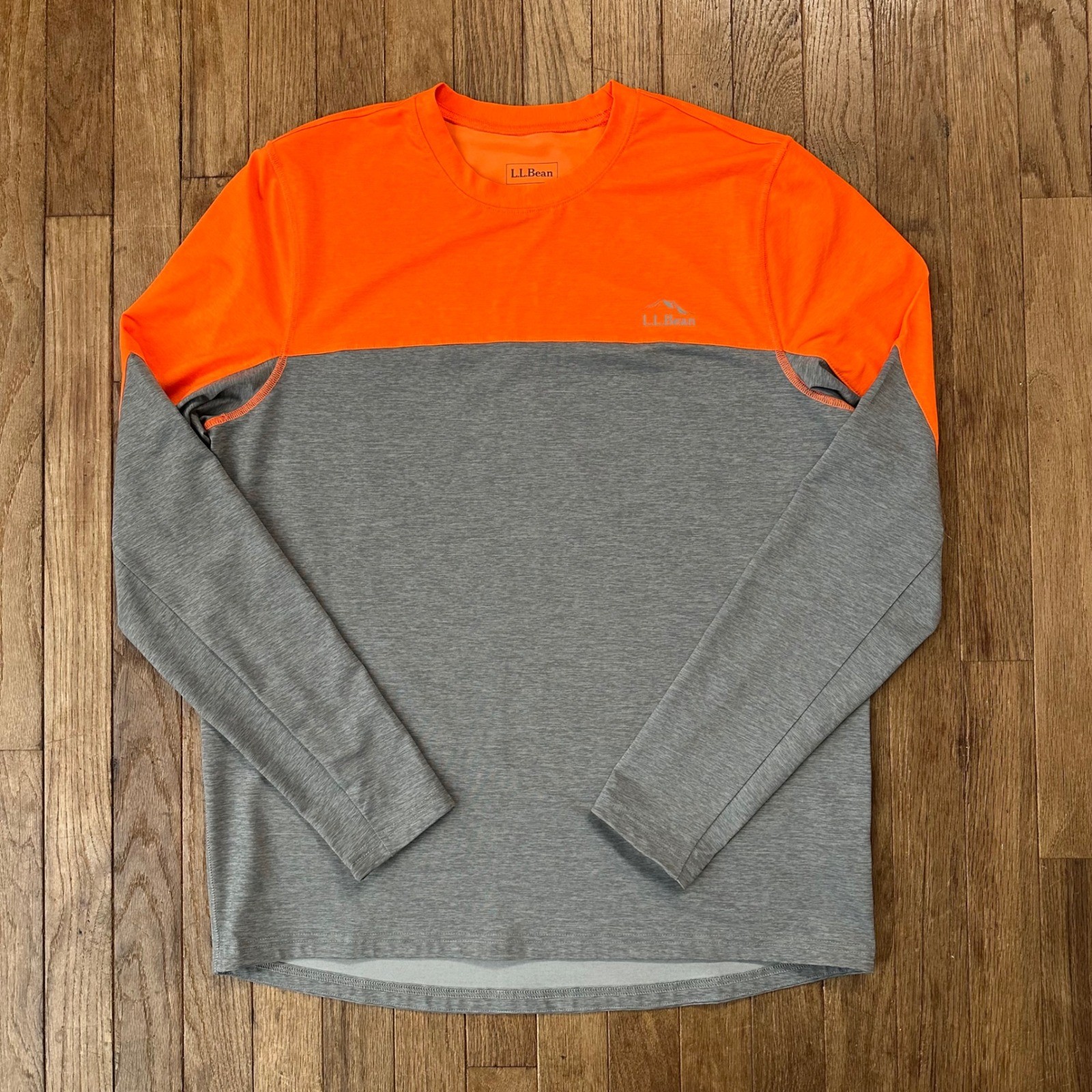 LL Bean Mens M Gorpcore Performance Long Sleeve Crew Neck Shirt Orange Gray gallery