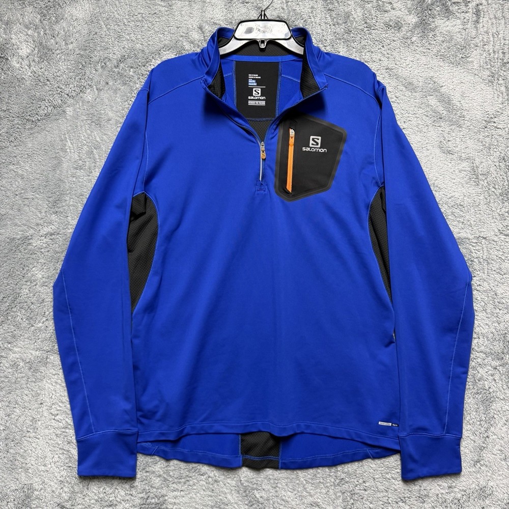 Salomon Shirt Mens XL Blue 1/4 Zip Trail Runner Thumb Holes Performance Stretch