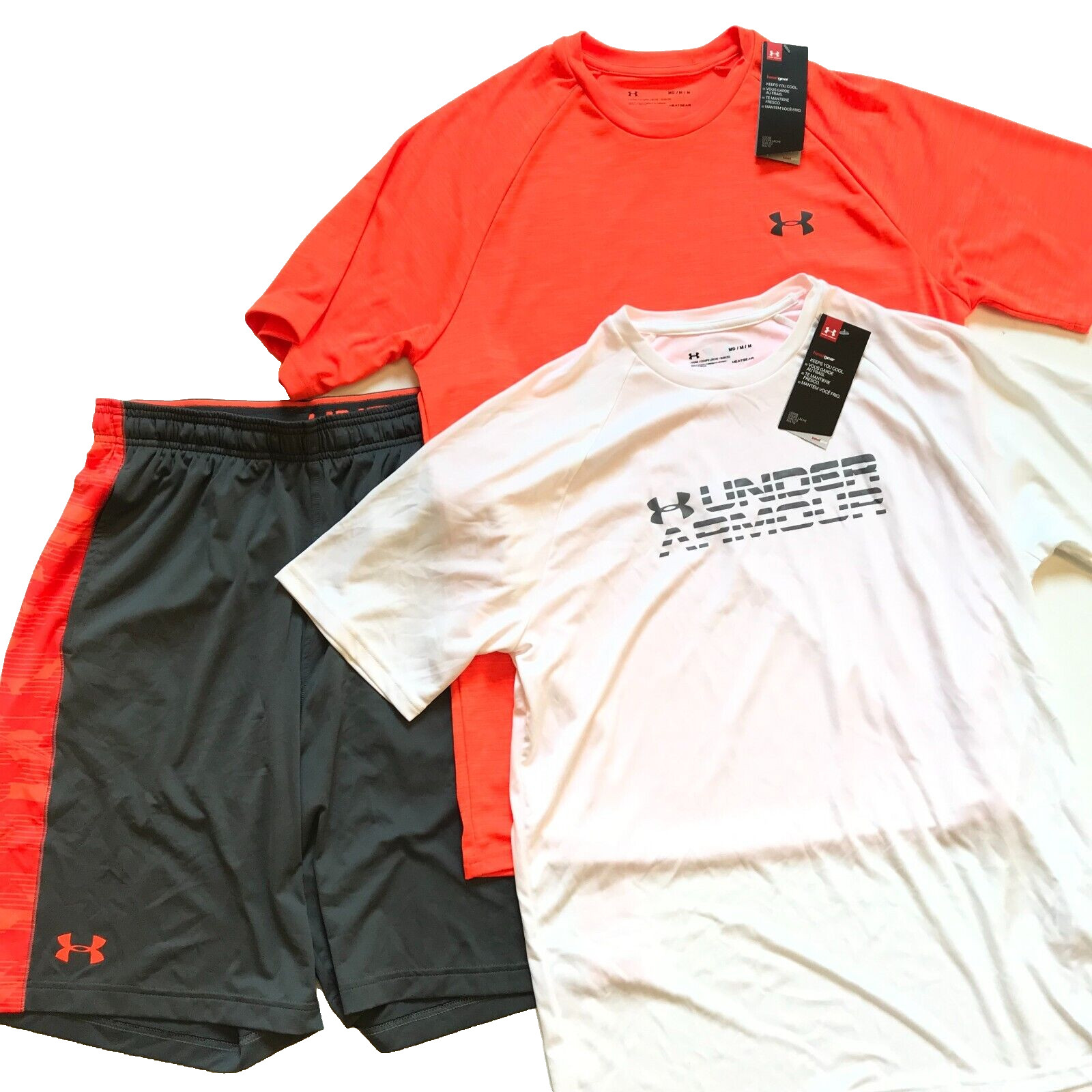 NWT Under Armour Shorts Shirts Mens Medium Orange White Gray Short Sleeve NEW gallery