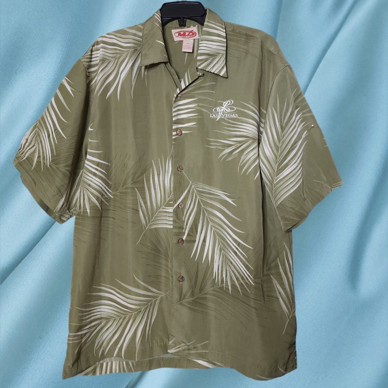 VTG Malibu Las Vegas Embroidered Tropical Button Up Shirt XL White Olive Green gallery